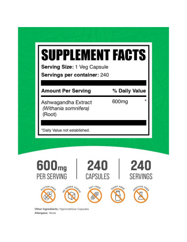 Cápsulas de Ashwagandha BulkSupplements 600mg - 240 Veganas