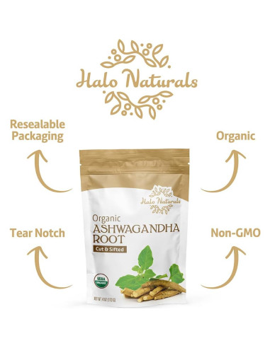 Raíz de Ashwagandha Orgánica Halo Naturals 113g Certificada USDA