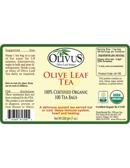 Té de Hoja de Olivo Orgánico Olivus - 100 Bolsitas Sin Cafeína