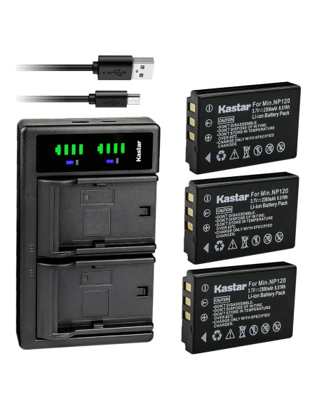Kastar Cargador USB Dual + 3 Baterías Litio NP-120