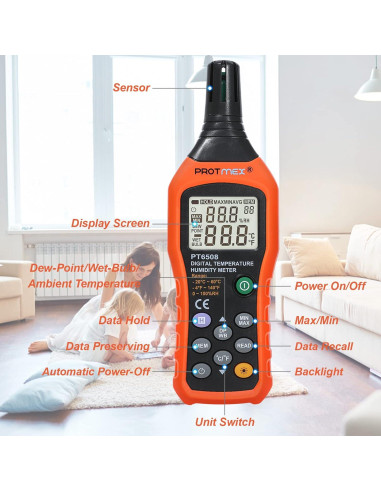 Medidor Digital de Temperatura y Humedad Protmex PT6508