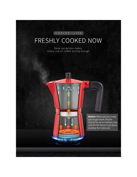 Cafetera Moka Yabano 3 Tazas Aluminio Rojo para Espresso