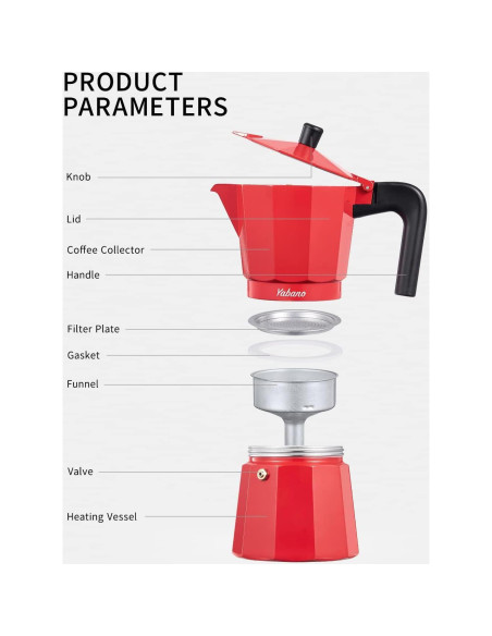 Cafetera Moka Yabano 3 Tazas Aluminio Rojo para Espresso