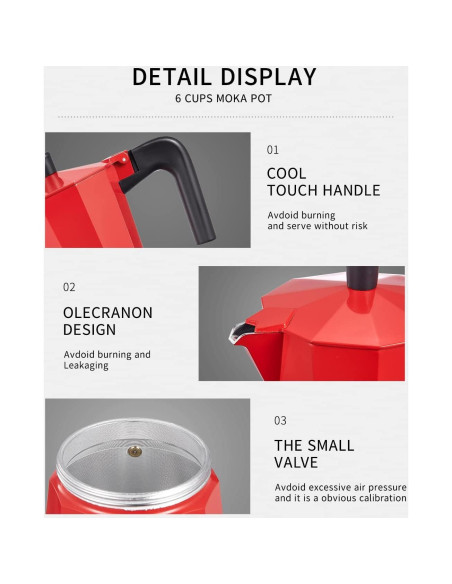 Cafetera Moka Yabano 3 Tazas Aluminio Rojo para Espresso