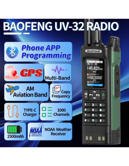 Walkie Talkies BAOFENG UV-32 10W con GPS y Carga USB-C