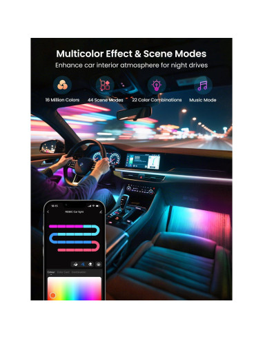 Luces LED interiores para coche SUNLINKCO RGB+IC 72 LED