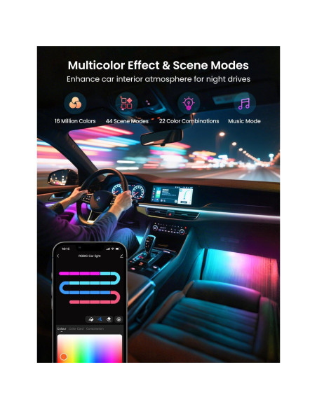 Luces LED interiores para coche SUNLINKCO RGB+IC 72 LED