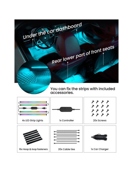 Luces LED interiores para coche SUNLINKCO RGB+IC 72 LED