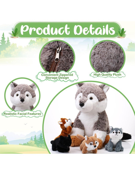 Peluches Lobo Lenwen 5 Piezas - 1 Grande 4 Pequeños