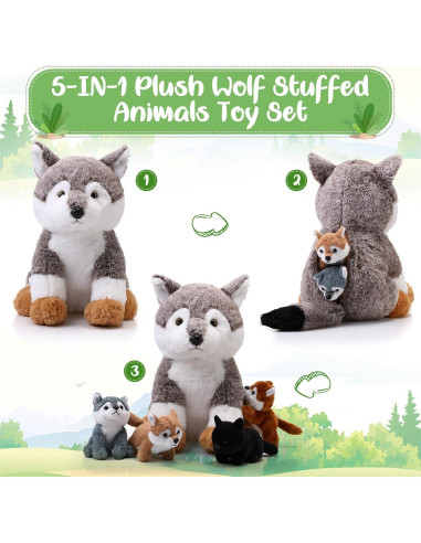 Peluches Lobo Lenwen 5 Piezas - 1 Grande 4 Pequeños