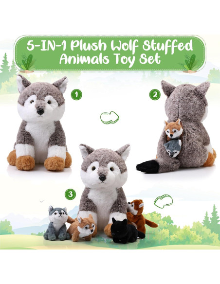Peluches Lobo Lenwen 5 Piezas - 1 Grande 4 Pequeños