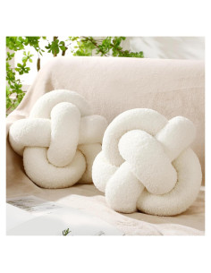 2 Almohadas Redondas con Nudos Beeveer 30 cm Terciopelo Blanco