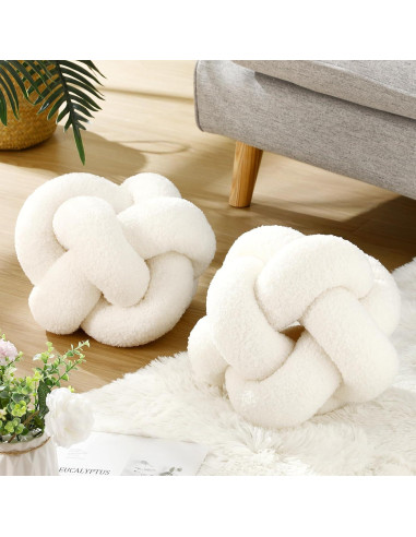 2 Almohadas Redondas con Nudos Beeveer 30 cm Terciopelo Blanco
