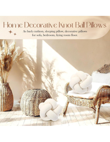 2 Almohadas Redondas con Nudos Beeveer 30 cm Terciopelo Blanco