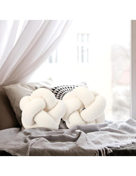 2 Almohadas Redondas con Nudos Beeveer 30 cm Terciopelo Blanco