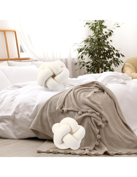 2 Almohadas Redondas con Nudos Beeveer 30 cm Terciopelo Blanco