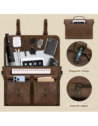 Bolsa Mensajera de Cuero RAINSMORE 15.6" Impermeable Marrón