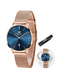 Reloj de Mujer OLEVS Lujo Oro Rosa Esfera Azul 33mm