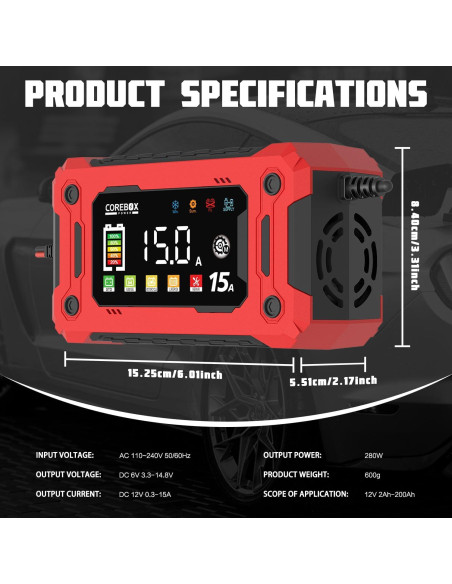 Cargador de Batería COREBOX 12V 15A con Pantalla LCD