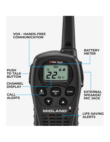 Walkie Talkies Midland LXT500VP3, 22 Canales, Rango 24 Millas