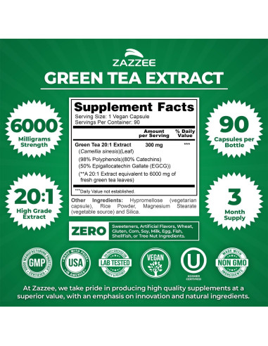 Zazzee Extracto de Té Verde 6000 mg 90 Cápsulas Veganas