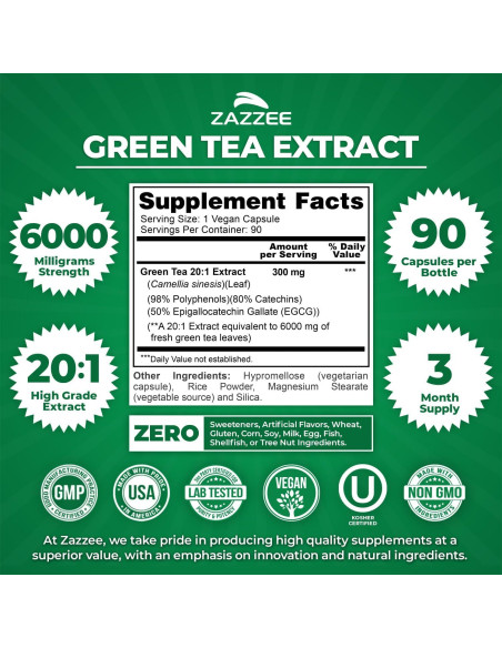 Zazzee Extracto de Té Verde 6000 mg 90 Cápsulas Veganas