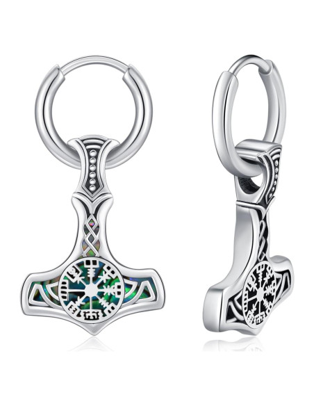 Pendientes Vikingos de Plata 925 Mjolnir Vegvisir 12x12mm
