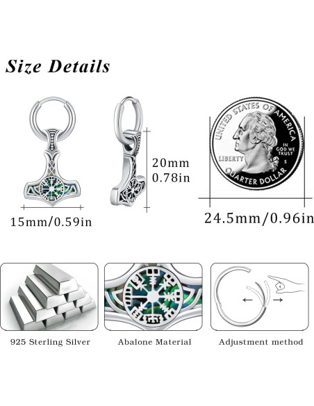 Pendientes Vikingos de Plata 925 Mjolnir Vegvisir 12x12mm