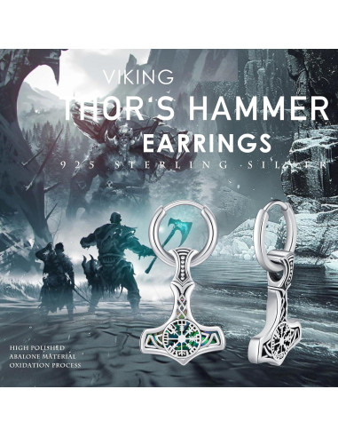 Pendientes Vikingos de Plata 925 Mjolnir Vegvisir 12x12mm