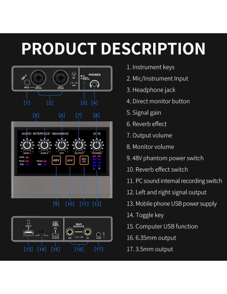 Interfaz de Audio USB Q-16 XTUGA 16 bit 48 kHz con Efecto DSP