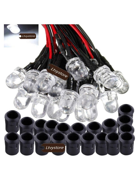 Paquete 20 LED 10MM Blanco Pre Cableado 12V + Soportes