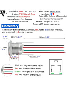 Interruptor Táctil 16mm ZJWZJH 5V-24V CC Rojo y Azul 2