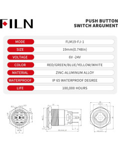Interruptor de Botón de Presión FILN 19mm 12V-24V IP65 Rojo 2