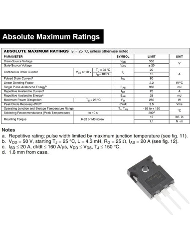 Transistores MOSFET DAOKAI IRFP460 500V 20A N-Canal (6 pcs)