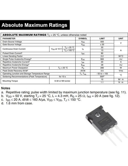 Transistores MOSFET DAOKAI IRFP460 500V 20A N-Canal (6 pcs)