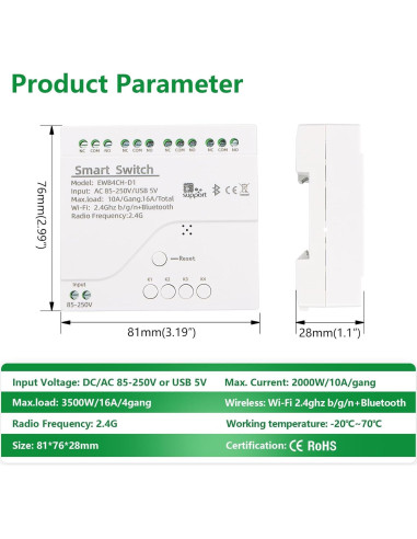 Interruptor WiFi Inteligente Wengart 4 Canales 10A DIN