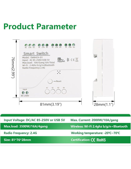 Interruptor WiFi Inteligente Wengart 4 Canales 10A DIN