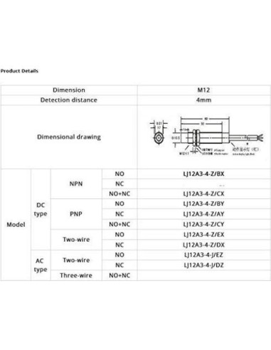Sensor de Proximidad Inductivo Taiss LJ12A3-4-Z/EX 4mm