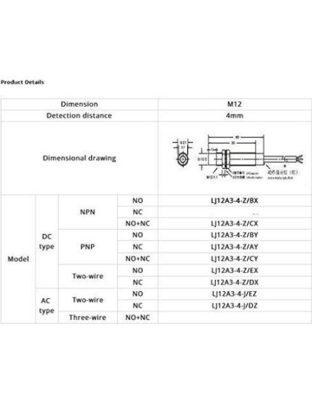 Sensor de Proximidad Inductivo Taiss LJ12A3-4-Z/EX 4mm