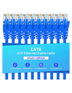 Cable Ethernet Cat6 0.61m RJ45 Azul - Paquete de 10 Unidades