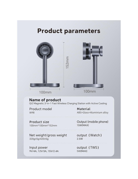 Estación de Carga Inalámbrica MOGU 3 en 1 con Ventilador 15W