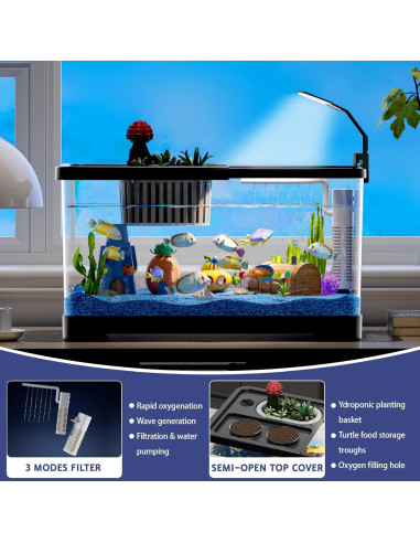 Acuario 20L HYUVCX con Luz LED y Filtro 3 Modos - Negro