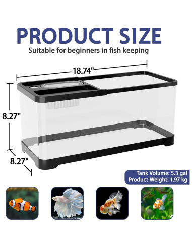 Acuario 20L HYUVCX con Luz LED y Filtro 3 Modos - Negro