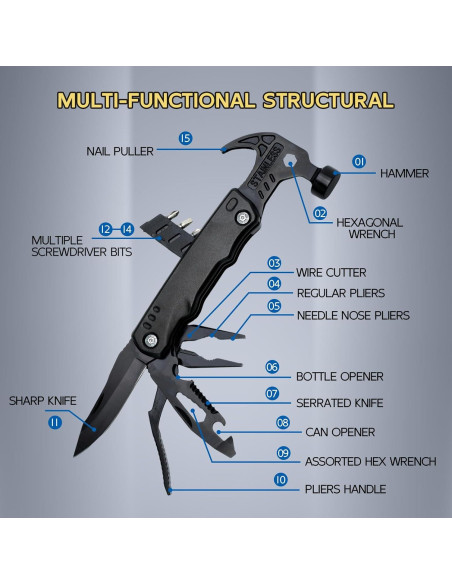 Martillo Multiherramienta 15 en 1 Genérico - Emergencias y Camping