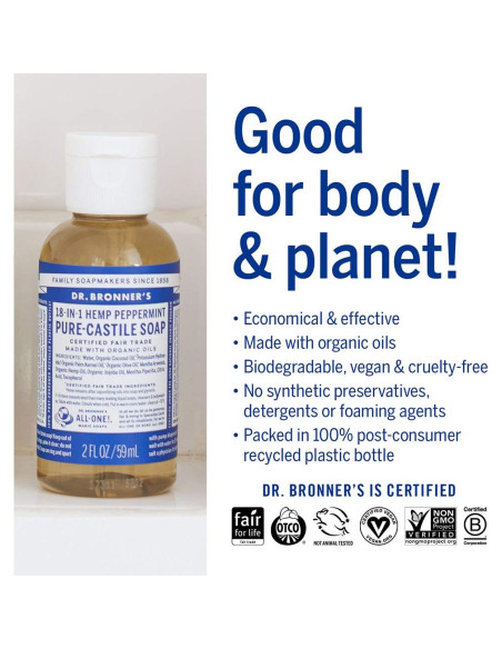 Jabón Líquido Orgánico Dr. Bronner's Menta 59 ml - Vegano