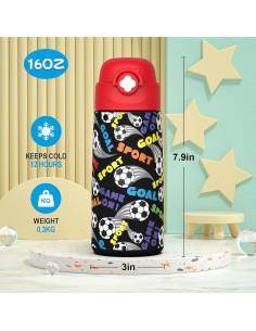 Botella Aislada para Niños Ntswasd 0.47L Acero Inoxidable Rojo Fútbol 2