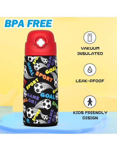 Botella Aislada para Niños Ntswasd 0.47L Acero Inoxidable Rojo Fútbol