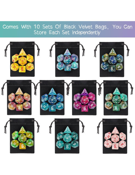 Juego de Dados Poliedricos DND Surhugvy 70 Piezas con 10 Bolsas