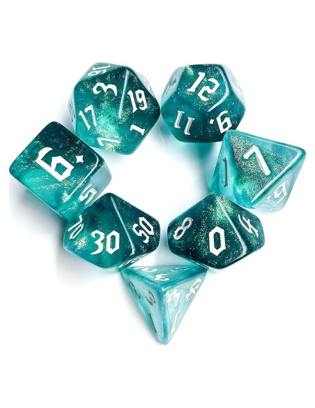 Set de Dados Poliedricos Teal Translúcido 7 Piezas para DND
