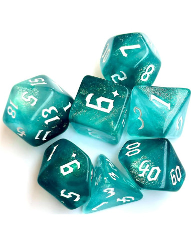 Set de Dados Poliedricos Teal Translúcido 7 Piezas para DND